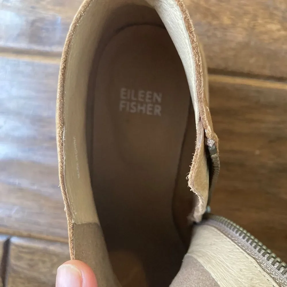 Eileen Fisher Melrose Nubuck Leather Block Heel Booties Women's 7.5 Light Tan
